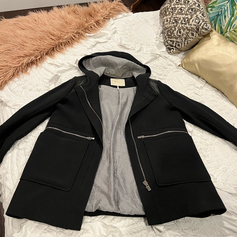 Deep Navy Maje Evening Jacket
With Hood Shawl Collar Zip Pockets & Zip Closure